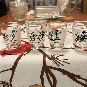 Anchor Hocking Vintage Shot Glass Set with Black cartoon Illustrations